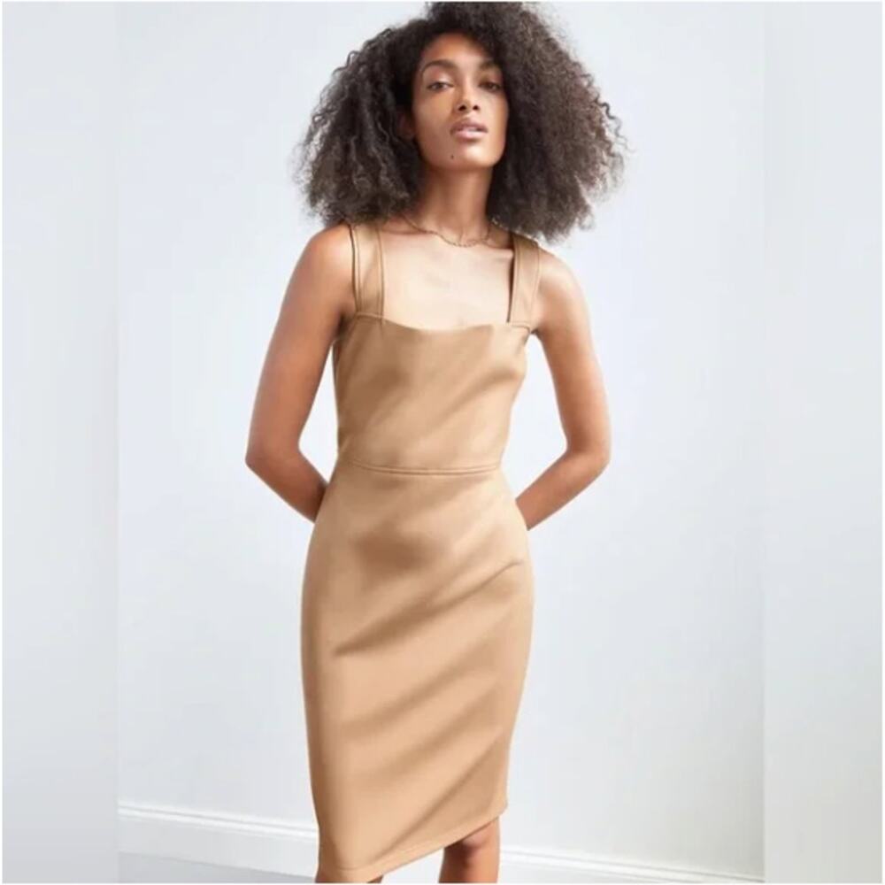 Aritzia Babaton Image Knee Length Faux Leather Square Neck Dress Sand Bluff-0